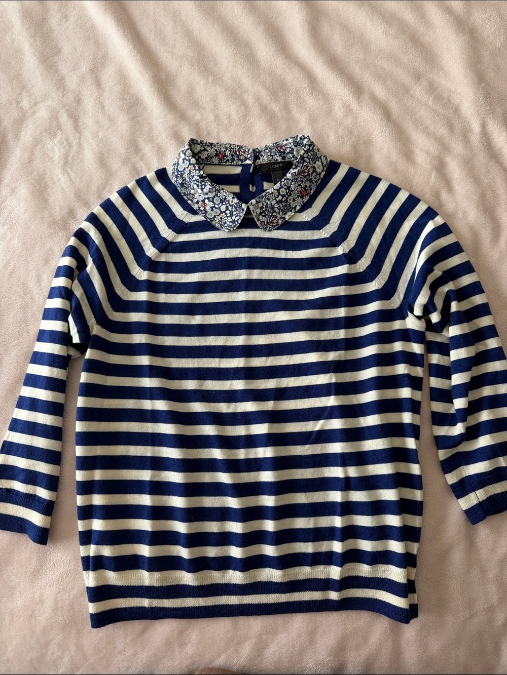 J. Crew Navy and White Striped Liberty London Sweater with Floral Collar